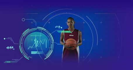 Image of data processing over african american female basketball player