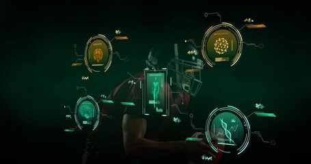 Image of data processing over caucasian male american football player running