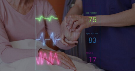 Image of medical vital signs data over female doctor examining hand of senior female patient