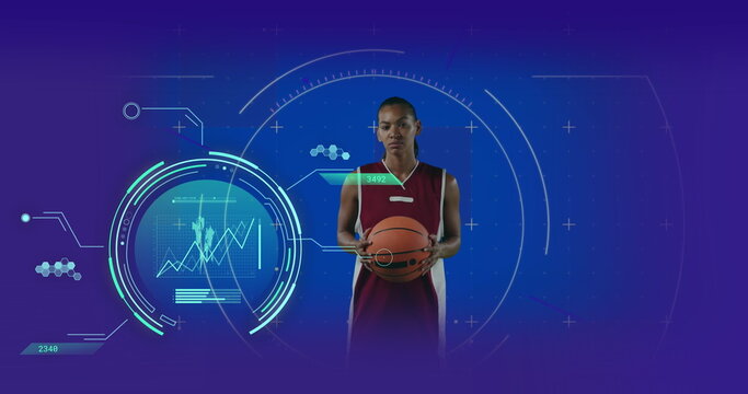 Image of data processing over african american female basketball player