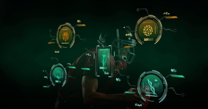 Image of data processing over caucasian male american football player running