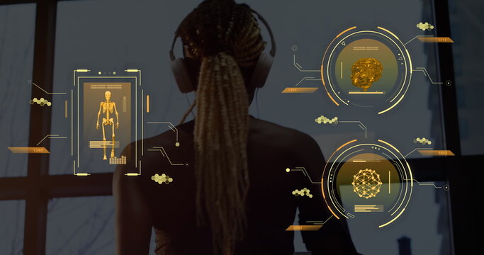 Image of data processing over african american woman exercising in gym