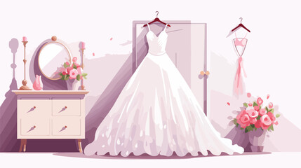 Elegant white wedding dress or gown hanging in ward