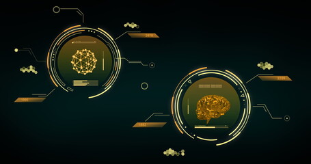 Image of data processing with brain and shapes moving over black background