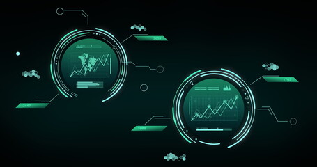 Image of data processing with world map over black background