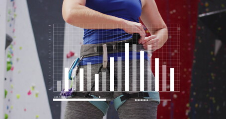 Image of data processing over caucasian woman climbing wall
