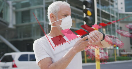 Image of data processing over senior man wearing face mask