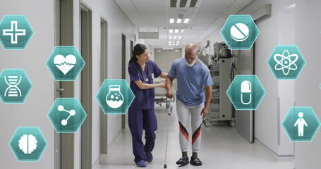 Image of medical icons over diverse female doctor helping male patient walk with crutch
