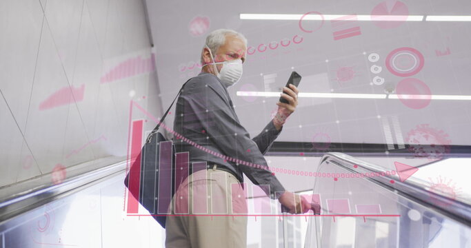 Image of data processing over senior man wearing face mask - Powered by Adobe