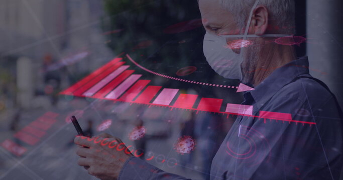 Image of data processing over senior man wearing face mask - Powered by Adobe