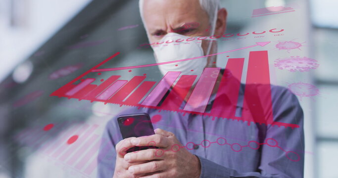 Image of data processing over senior man wearing face mask - Powered by Adobe