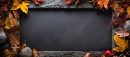 There is a blackboard surrounded by autumn leaves on the grass. The wall behind it is made of wood, and a road with asphalt surface is nearby. A metallic automotive tire is resting against the wall - Powered by Adobe