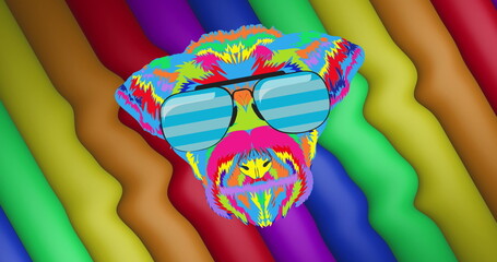 Image of rainbow face in glasses over rainbow stripes and colours moving on seamless loop