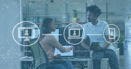 Image of icons and data processing over diverse business people in office