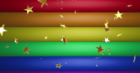 Image of gold stars over rainbow stripes and colours moving on seamless loop
