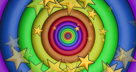 Naklejka premium Image of yellow stars over rainbow circles and colours moving on seamless loop