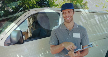 Front view of a deliveryman beside a van writing on a clipboard smiles and signals a thumbs up - Powered by Adobe