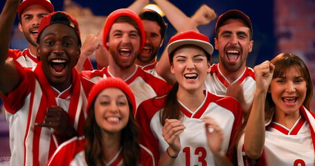 Front view of enthusiastic sports fans wearing red and white jerseys cheering
