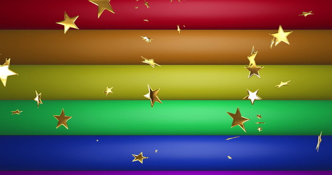 Naklejki Image of gold stars over rainbow stripes and colours moving on seamless loop