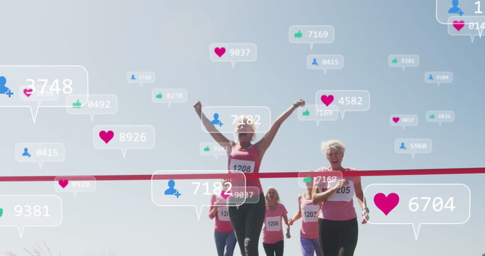 Image of social media notifications, over female runners finishing race