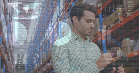 Image of data processing over man working in warehouse