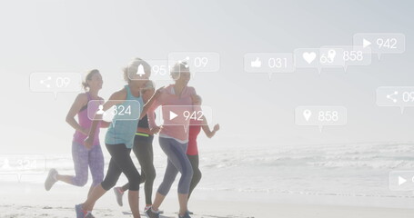 Image of social media notifications, over women running on beach