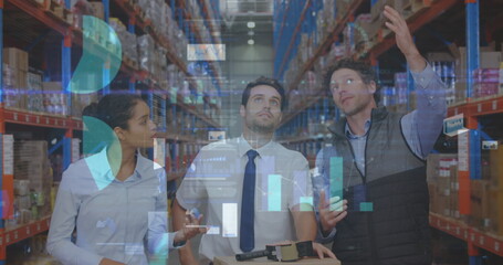 Image of data processing over people working in warehouse