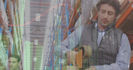 Image of data processing over people working in warehouse