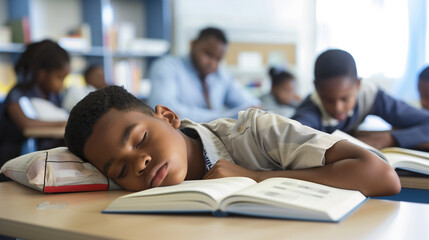 A student sleeps in class because they went to bed too late; is bored in school; has a medical problem, such as allergies, diabetes, or hypoglycemia; or is experiencing side effects of medication - obrazy, fototapety, plakaty