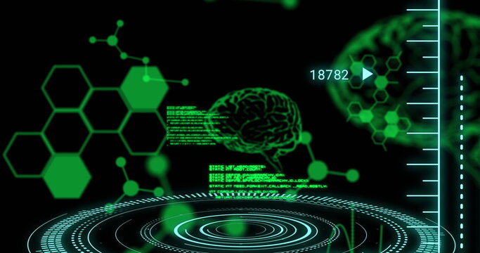 Image of data processing and human brains over scopes scanning