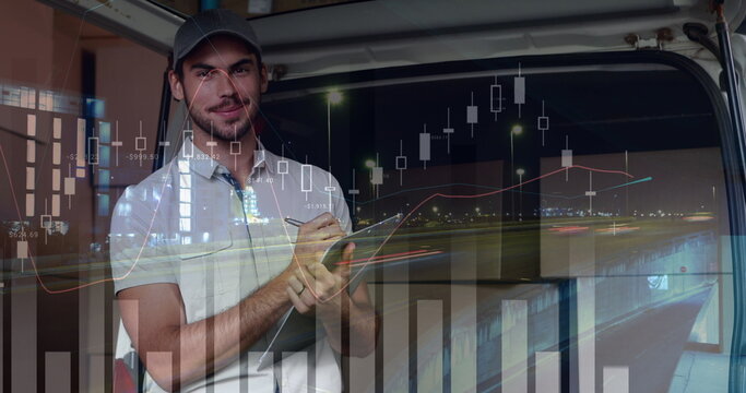 Front view of a deliveryman behind a van writing on a clipboard - Powered by Adobe