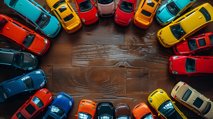 Top View of Colorful Toy Car Collection Standing in Playroom, Kids' Room Decor with Assorted Toy Cars and Trucks, Childhood Fun Time, Playful Transportation Scene, Generative Ai

