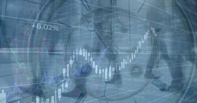 Image of financial data processing and clock over business people walking