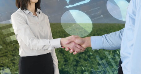 Corporate handshake with digital graphs in a natural setting.