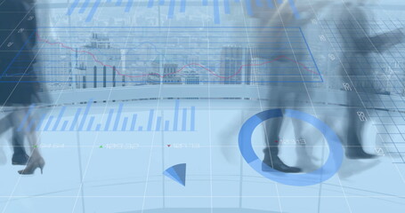 Image of financial data processing over business people walking