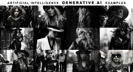 Generative AI photo examples collage. Artificial intelligence photography sample set. A captivating collage of black and white portraits featuring a woman in various fashion street poses and settings