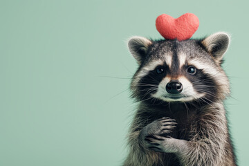 Obraz premium A delightful image features a cute and cheerful raccoon holding a plush heart, set against an isolated pastel green background.