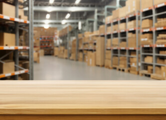 Wood table with blurred warehouse