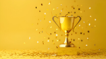 Victorious Cup on Luminous Yellow Background with Stars and Rays of Light, Celebratory Trophy Shining Brightly, Championship Prize Illuminated Scene, Glowing Success Symbol, Generative AI

