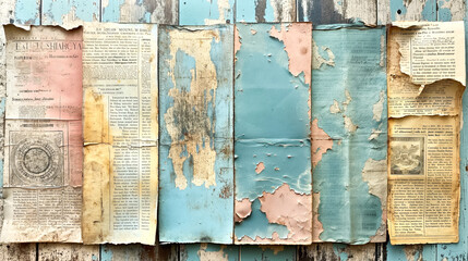 Collage of old newspapers with a blue antique wooden background.  Vintage background space for text
