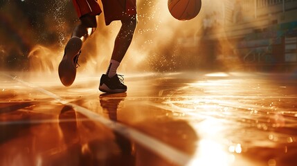 a basketball player dribbling through the court, with the soft natural light creating dramatic...