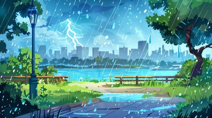 Rain and storm landscape with sea or river skyline, a city park on waterfront street, puddles on green grass and trees, and a pathway and handrail, with falling rain drops and lightning.