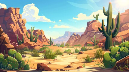 A cartoon modern illustration of a drought sandy scene with wild cacti and grass in Arizona desert scenery with brown rock, sand dune hills, green cactus, and a dry tree on a bright, sunny day. - obrazy, fototapety, plakaty