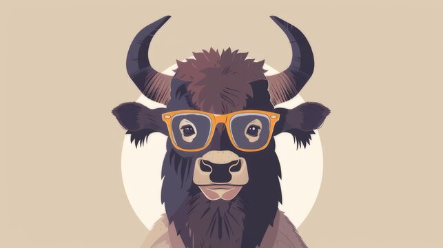 Illustration in flat style, A cute little bison wearing glasses posed against a studio background