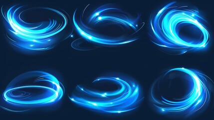 Waved neon elements with swoosh effect in blue light. 3D luminous and shine twirl trail. Magic glowing swirl lines.