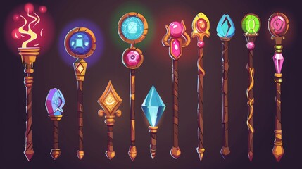 A fantasy scepter made of wood and metal with a magic ball and glowing neon decorative gems. A cartoon illustration set of a game wizard's and magician's power stuff weapon with luminous decorative