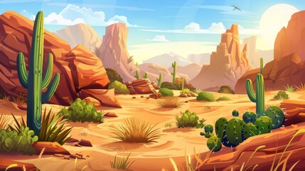 On a bright sunny day, brown rock, sand dunes, green cactus and grass and a dry tree are shown in an Arizona desert landscape. A cartoon modern illustration of the scene depicts wild cacti and grass - obrazy, fototapety, plakaty