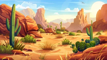 Fotobehang On a bright sunny day, brown rock, sand dunes, green cactus and grass and a dry tree are shown in an Arizona desert landscape. A cartoon modern illustration of the scene depicts wild cacti and grass © Mark