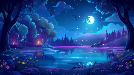 In the night forest lake there is a reflection of the moonlight on the trees, flowers, fairytale fireflies, clouds and stars, in the night time sky.