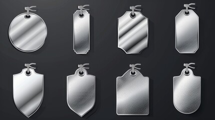 Modern realistic illustration of silver or iron bolted plates, shiny button frames, nameplate badges with light reflections.
